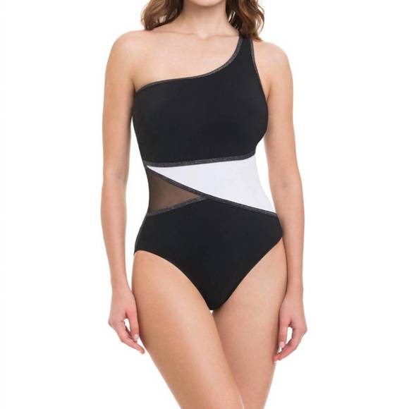 NEW PROFILE BY GOTTEX one shoulder mesh inset one piece swimsuit in pro stargaze - Picture 1 of 2